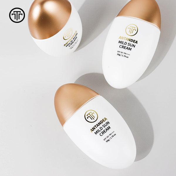 three round containers of antandea mild sun cream SPF 50+ PA++++