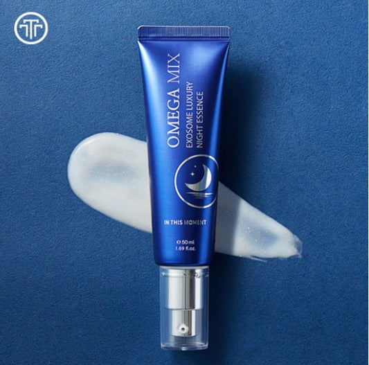 Blue cosmetic tube labeled 'Omega Mix exosome luxury night essence' on a blue background with white product swatch