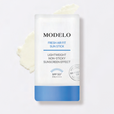 Modelo Fresh Air Fit Sun Stick packaging on a white background. Lightweight, non-sticky, easy portable application stick with SPF 50 PA++++ UV sun protection.
