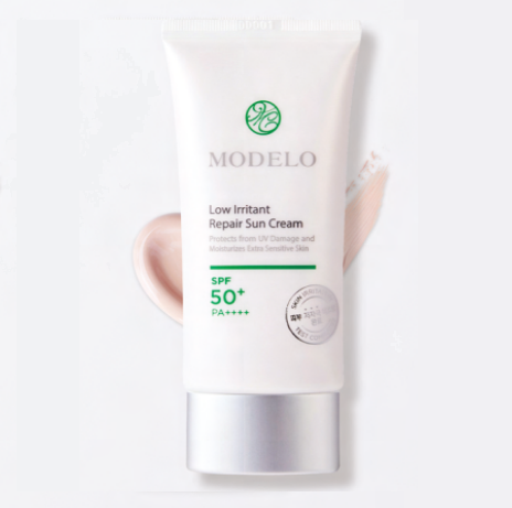 Modelo Low Irritant Repair Sun Cream SPF 50+ squeeze tube on a white background. Protects from UV sun damage and moisturizes extra sensitive skin.