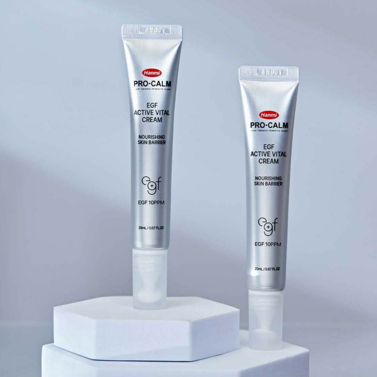 Hanmi Pro-Calm EGF (epidermal growth factor) active vital cream in a 20ml silver squeezable bottle. Nourishing skin barrier treatment hydrates and smooths dry and sensitive skin. 10ppm egf.