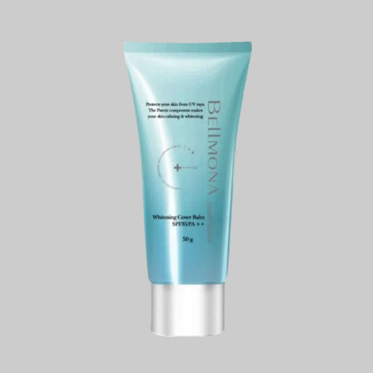 Blue tube of Bellmona Whitening Cover Balm on a gray background, reads "SPF35 PA++"