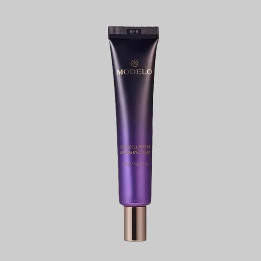 Purple eye cream tube with 'Modelo' branding on a gray background. Stemcell lifting eye cream with copper tripeptide, ideal to improve appearance of fine lines for thin, aged, or sensitive skin around eyes.
