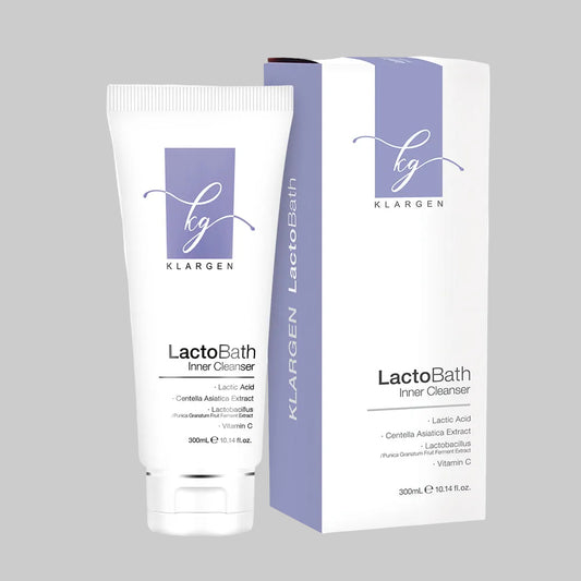 Klargen LactoBath, a hypoallergenic feminine cleanser that contains lactic acid and centella extract to keep intimate areas clean and healthy without irritation. In a 300ml plastic squeezable container, designed to dilute in water,