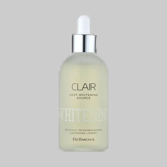 Bottle of Bellmona Clair Deep Whitening Source serum with dropper. "Premium aesthetic custom made cosmetics." to even skin tone and reduce dark spots.