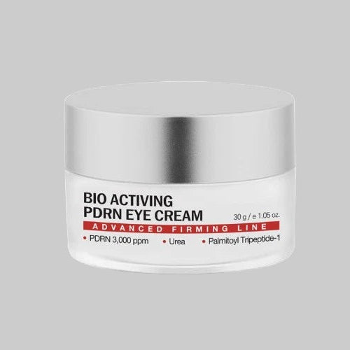 30g PDRN eye cream jar. Dermaline's bio activating PDRN eye cream nourishes through hydration of delicate skin around eye. Advanced firming line, pdrn 3,000 ppm, urea, palmitoul tripeptide-1.